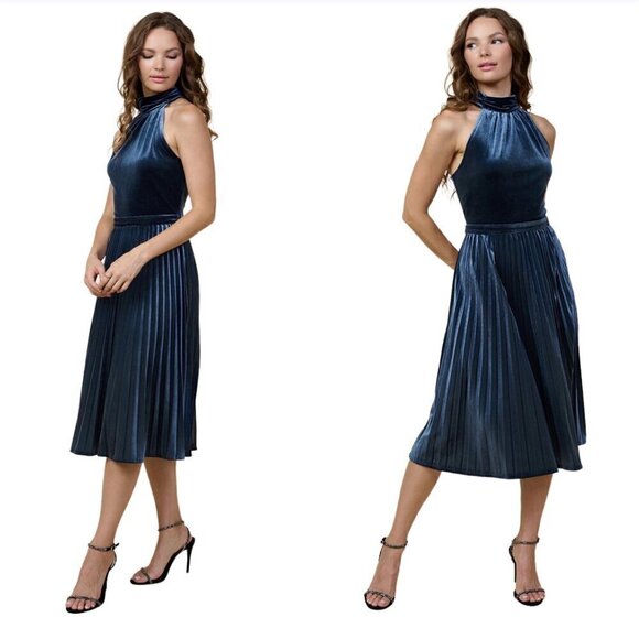 NWT DRESS MIDI SKIES ARE BLUE PLEATED XS /Color Smoky Blue - Picture 1 of 8